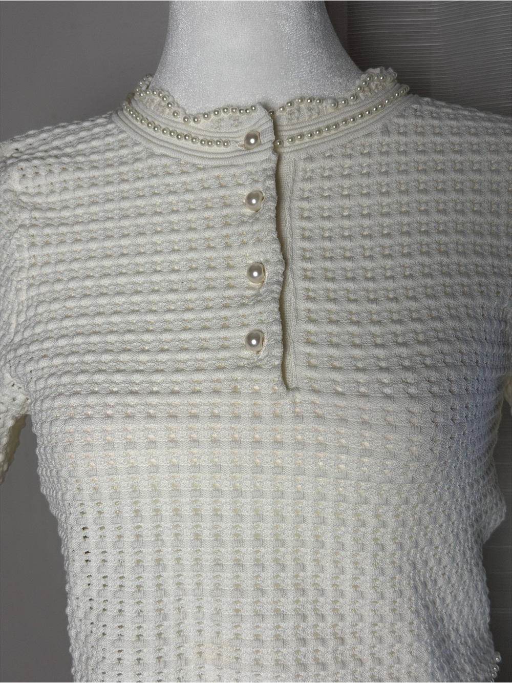 NWT SANDRO White Pearl Crochet Open Knit Short Sleeve Crop Top Size 2 - Picture 5 of 12